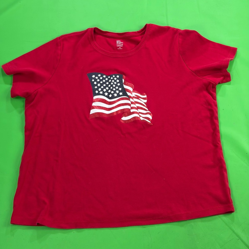 Kim Rogers American Flag Glitter Graphic T-Shirt Womens 1X Red Patriotic Tee EUC